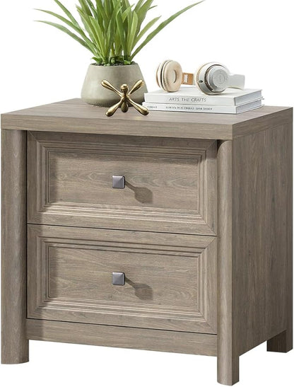 Grey Nightstand Rustic Wood Night Stand for Bedroom Living Room Sofa Couch, Farmhouse Nightstand with 2 Drawers, 22.8” Wide Large Bed Side Table, Bedside End Table with Metal Knob, Gray Color