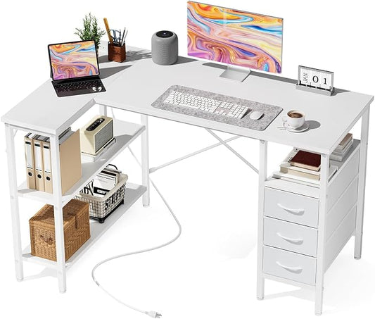 DUMOS L Shaped Desk with Shelf Drawers 47", Corner Computer Desks Gaming with Power Outlet, Study Table with Adjustable Shelves, Home Office Tables for Bedroom Teacher Writing, Modern White