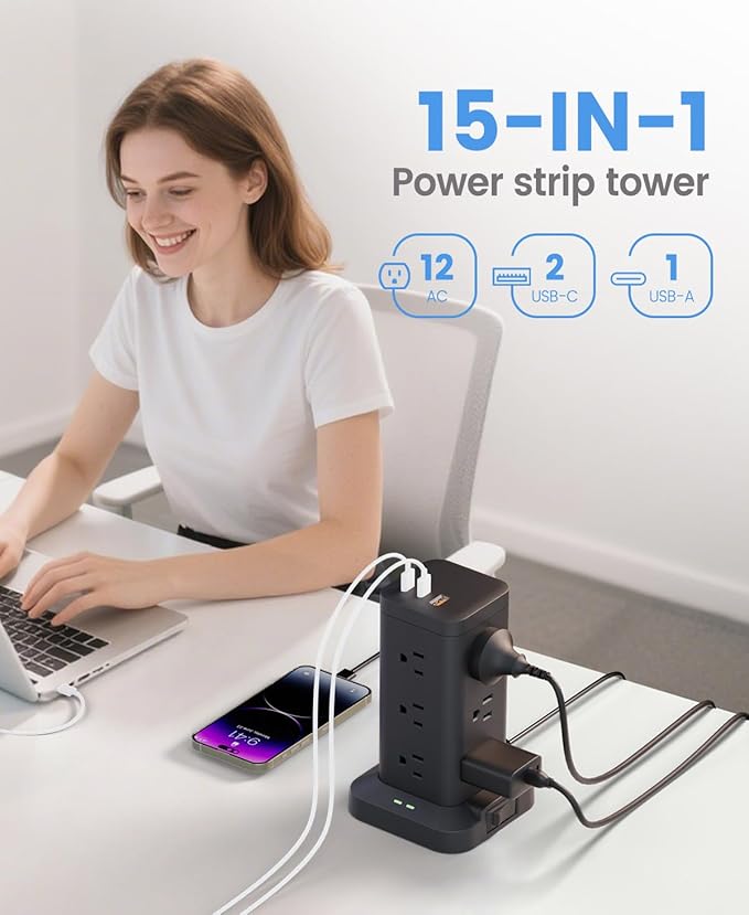 1800J Surge Power Strip Tower 1800J Fast Charging PD20W USB-C Black 10FT | 15-in-1 outlets with 12 AC plug, 2 USB-C & 1 USB-A; 10ft extension cords with multiple outlets; for home office dorm room;