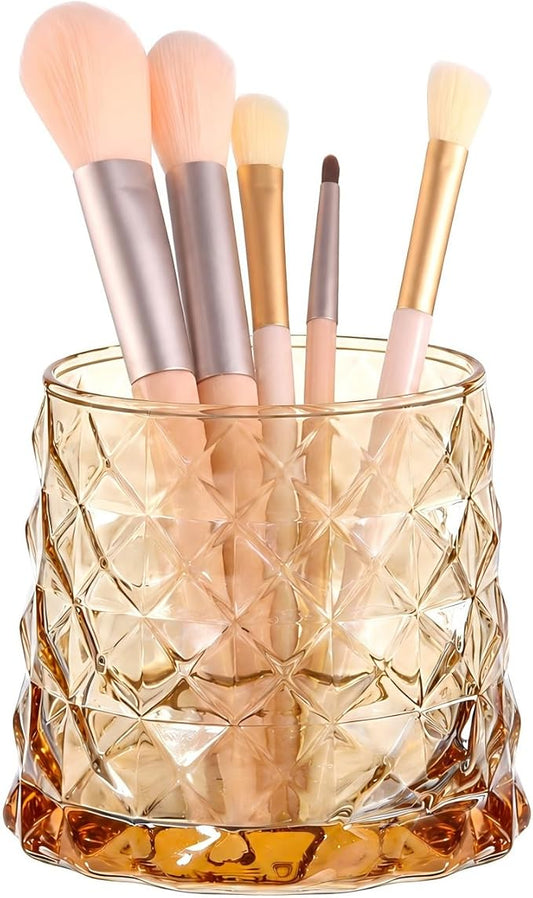 DASITON Glass Makeup Brush Holder Organizer, Diamond Pattern Cosmetic Storage Cup, Makeup Organizer for Vanity, Bathroom Countertop Toothbrush Holder, Desk Pen Pencil Holder (Amber)