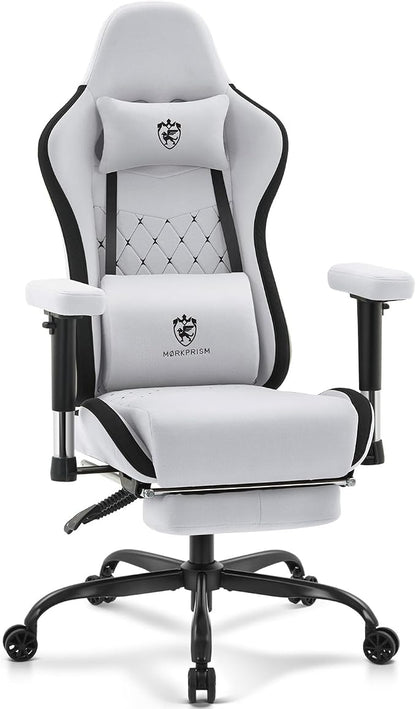 Gaming Chair Breathable Fabric,Computer Office Chair with Footrest,Massage Lumbar Support and Gel Pad,Ergonomic Reclining Gamer Chair with Adjustable Armrests and Spring Cushion Grey Black