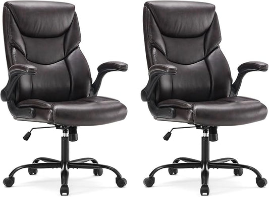 DUMOS Office Chair Set of 2 - Ergonomic Executive Computer Desk Chairs with Adjustable Flip-up Armrest, Swivel Task Chair with Lumbar Support, Strong Metal Base, PU Leather, Brown