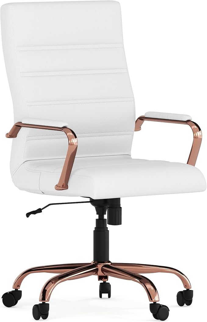 Merrick Lane Milano Contemporary High-Back White Faux Leather Home Office Chair with Padded Rose Gold Arms