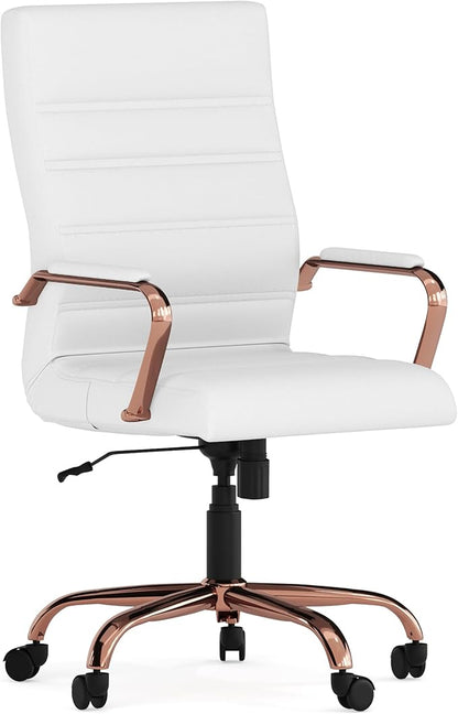 Merrick Lane Milano Contemporary High-Back White Faux Leather Home Office Chair with Padded Rose Gold Arms