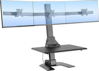 Mount-It! Triple Monitor Electric Standing Desk Converter - 3 Screens Stand Up Desk Riser - Height Adjustable Desktop & 3 Mounts for Screens up to 32", Sit-Stand Convertor for Home, Office, School