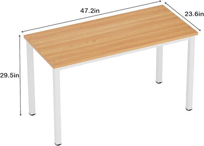 Need Computer Desk, 47 inch Home Office Desk, Modern Simple Style Home Office Gaming Desk, Basic Writing Table for Study Student, White Metal Frame, Teak Tabletop