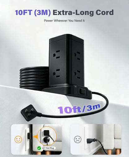 Power Strip Tower with Surge Protector 1800J, Fast Charging Tower PD20W USB-C Ports with 8 AC Outlets, 10ft Extension Cord for Home Office Dorm Room, Black