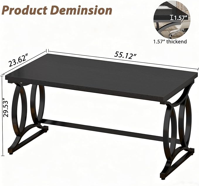HSH Black Home Office Desk, 55 Inch Metal Wood Computer Desk, Simple Modern Study Executive Desk for Work Writing, Modern Student Gaming Computer PC Table for Bedroom Living Room,Blach Oak