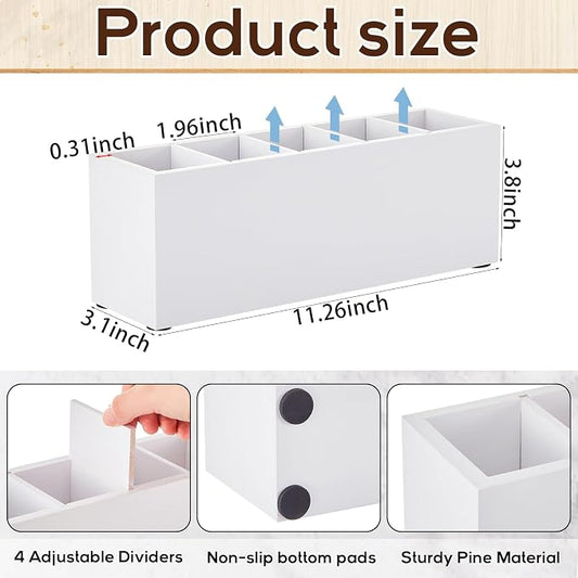 Jetec Wooden Pencil Pen Holder for Desk 5 Compartments Cosmetic Makeup Brush Stationery Office Desktop Organizers for Countertop Adjustable Silverware Caddy for Party, Art Supplies,Home(White)