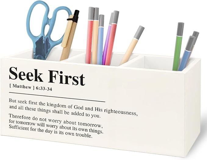 Christian Wooden Pen Pencil Holder for Home Office Desk Accessories, Christian Gifts for Women Men, Bible Verse Seek First Matthew 6:33-34 Makeup Brush Toothbrush Holder Organizer