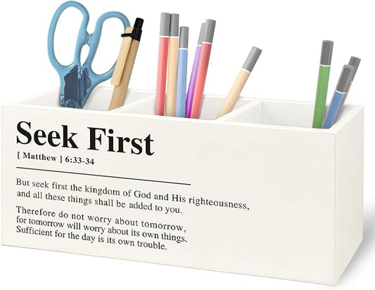 Christian Wooden Pen Pencil Holder for Home Office Desk Accessories, Christian Gifts for Women Men, Bible Verse Seek First Matthew 6:33-34 Makeup Brush Toothbrush Holder Organizer