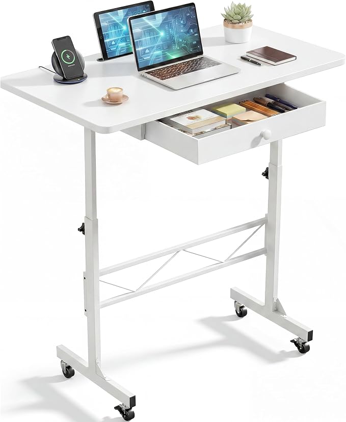 COMHOMA Small Standing Desk with Storage Drawer, Mobile Height Adjustable Rolling Sit Stand Desk with Lockable Wheels 4‑Level Portable Laptop Desk for Small Space Home Office Treadmill Workstation