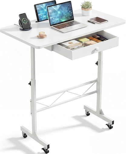 COMHOMA Small Standing Desk with Storage Drawer, Mobile Height Adjustable Rolling Sit Stand Desk with Lockable Wheels 4‑Level Portable Laptop Desk for Small Space Home Office Treadmill Workstation