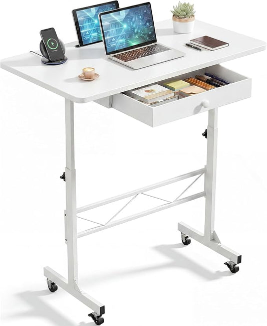 COMHOMA Small Standing Desk with Storage Drawer, Mobile Height Adjustable Rolling Sit Stand Desk with Lockable Wheels 4‑Level Portable Laptop Desk for Small Space Home Office Treadmill Workstation