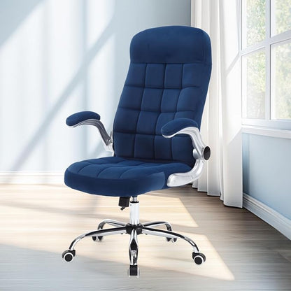 Fabric Home Office Chair Comfy, Velvet High Back Executive Desk Chair with Flip-Up Arms, Ergonomic Office Chairs with Lumbar Support, Upholstered Computer Chair with Wheels,Blue