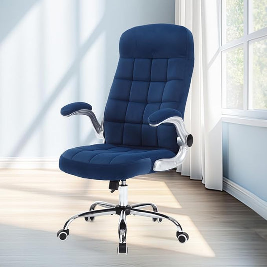 Fabric Home Office Chair Comfy, Velvet High Back Executive Desk Chair with Flip-Up Arms, Ergonomic Office Chairs with Lumbar Support, Upholstered Computer Chair with Wheels,Blue