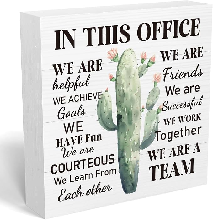mmiishe Cactus Decor Desktop Decoration Motivational Gifts for Coworkers | Encouragement Gifts for Colleagues Women Men A Team Mental Health Decor for Office Meeting Rooms Wood Box Sign 5 x 5 Inches