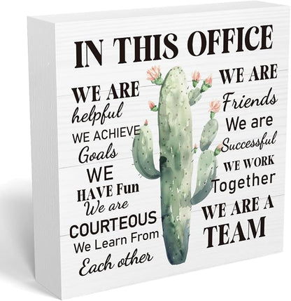 mmiishe Cactus Decor Desktop Decoration Motivational Gifts for Coworkers | Encouragement Gifts for Colleagues Women Men A Team Mental Health Decor for Office Meeting Rooms Wood Box Sign 5 x 5 Inches