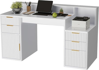 IDEALHOUSE Rectangular Computer Desk with Hutch & Printer Stand, Ripple Door Storage Home Office Desk, Space-Saving Study Writing Desk for Bedroom, Sturdy Board Student Desk with Easy Assembly