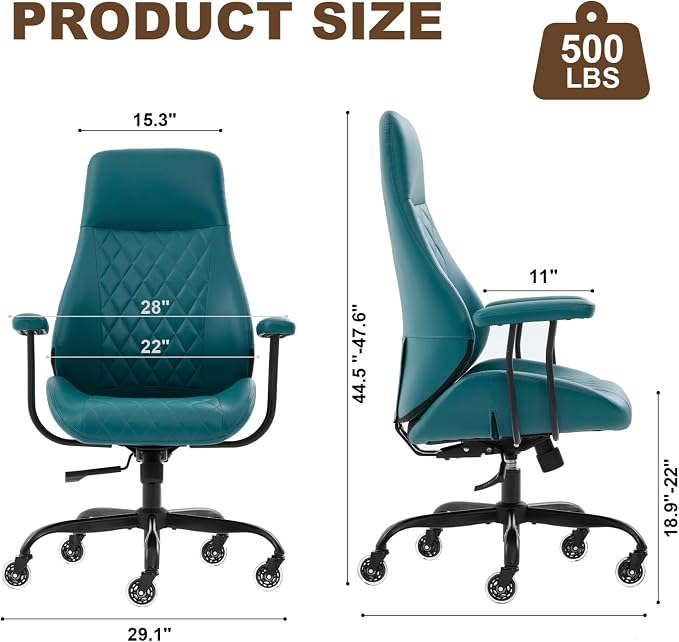 Office Chair with Rubber Wheels, Ergonomic Computer Chair 500 lbs, Leather Desk Chair with Lumbar Support, Executive Chair Adjustable Height & Recline, Green | Ergonomic, Lumbar Support, 360° Swivel & Rolling Wheels, Adjustable Height, for Adults & Women