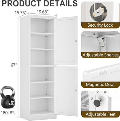 pozdeg 67" Metal Storage Cabinet with Lock, Tall Narrow Office File Cabinets with 2 Doors & 4 Adjustable Shelves, Metal Steel Locker for Home, School, Office, Garage or Gym (White)