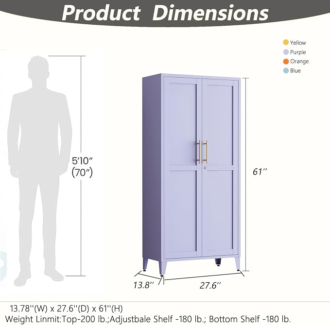 Metal Storage Cabinet with Lock,Purple Steel Tool Cabinet with 3 Adjustable Shelves,61 Tall Freestanding Heavy Duty Garage Locker for Laundry Living Room Bedroom