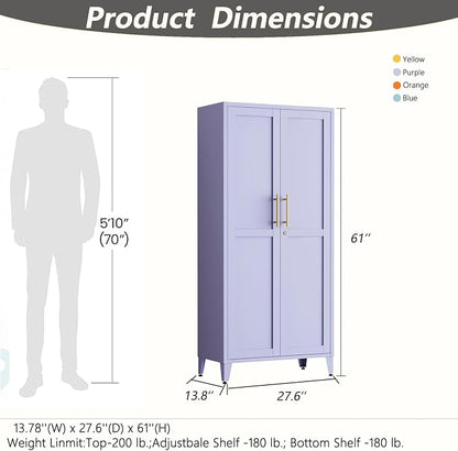 Metal Storage Cabinet with Lock,Purple Steel Tool Cabinet with 3 Adjustable Shelves,61 Tall Freestanding Heavy Duty Garage Locker for Laundry Living Room Bedroom