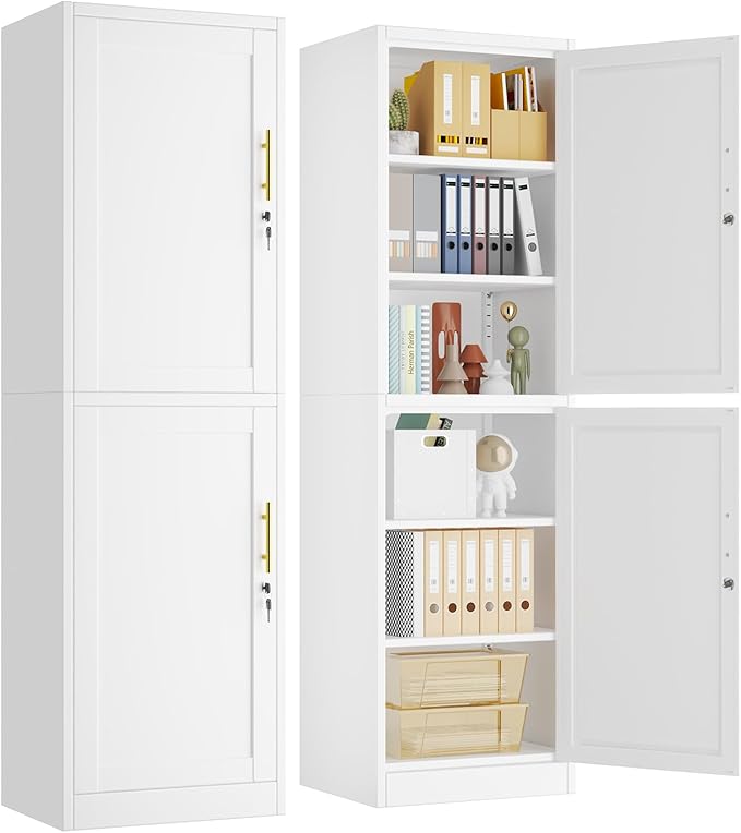 pozdeg 67" Metal Storage Cabinet with Lock, Tall Narrow Office File Cabinets with 2 Doors & 4 Adjustable Shelves, Metal Steel Locker for Home, School, Office, Garage or Gym (White)