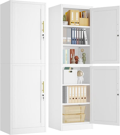 pozdeg 67" Metal Storage Cabinet with Lock, Tall Narrow Office File Cabinets with 2 Doors & 4 Adjustable Shelves, Metal Steel Locker for Home, School, Office, Garage or Gym (White)