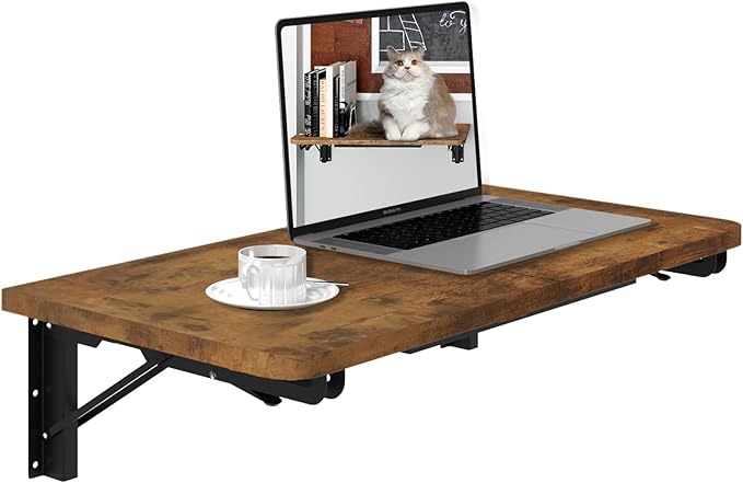 TEAMIX Wall Mounted Folding Table, Rustic Brown Floating Wall Desk for Small Spaces, Drop Leaf Dining Table for Kitchen Fold Down Laundry Shelf with Heavy-Duty Brackets