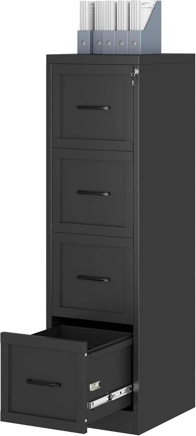 Ckzbx 4 Drawer File Cabinet with Lock, Narrow Vertical Filing Cabinet, Under Desk File Cabinets,Black Metal File Cabinets for Home Office,Fit Letter/A4/Legal Size File