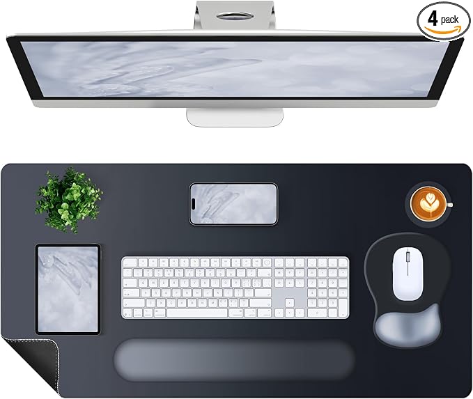 4-in-1 Large Gaming Mouse Pad, Keyboard Wrist Rest Pad & Wrist Support Mousepad Set, Extended Desk Pad Waterproof Desk Mat Protector for Home Office Decor Study Game 35.4×15.7 Inches Big I Black