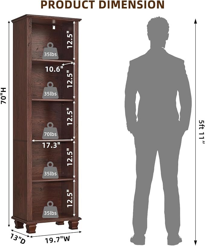SAVOR LIFE Narrow Walnut Book Shelf, 70" Tall Skinny Bookshelf with Adjustable Shelves & Wooden Legs, Farmhouse Wood Bookcase w/5-Tier Open Storage, Free Standing Book Case for Office,Living Room,3PCS
