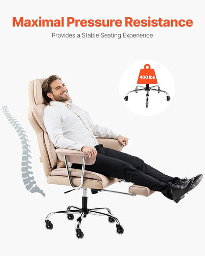 VEVOR Executive Office Chair with Footrest, 400lb Capacity Oversize Office Chair with Lumbar Pillow & Removable Armrests, Heavy Duty Ergonomic Chair, PU Leather Reclining Home Office Desk Chair, Brown