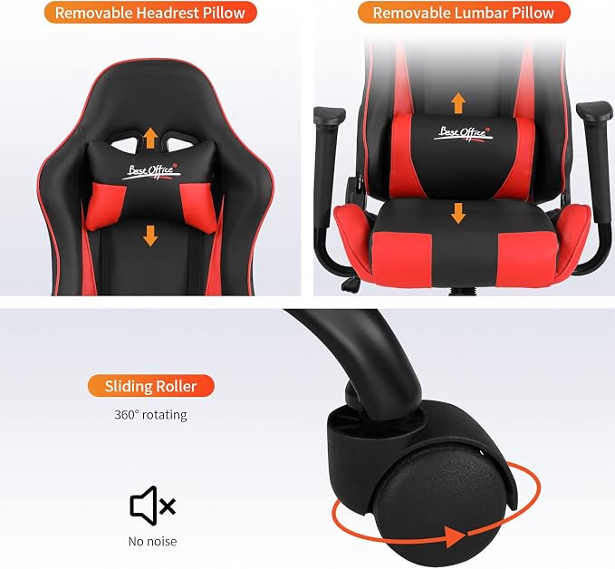 Gaming Chair Office Chair Desk Chair with Lumbar Support Headrest Armrest Task Rolling Swivel Ergonomic E-Sports Adjustable PC Gamer Chair (Red)