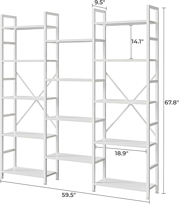 SUPERJARE Triple Bookshelf, Bookcase with 14 Open Display Shelves, Wide Book Shelf Book Case for Home & Office, 5 Tier, White