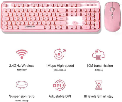 Wireless Keyboard and Mouse | Cute Colorful Keyboard and Mouse with 2.4GHz Cordless Retro Typewriter Keyboard | Auto-Sleep | USB Receiver for Windows PC/Laptop - Pink