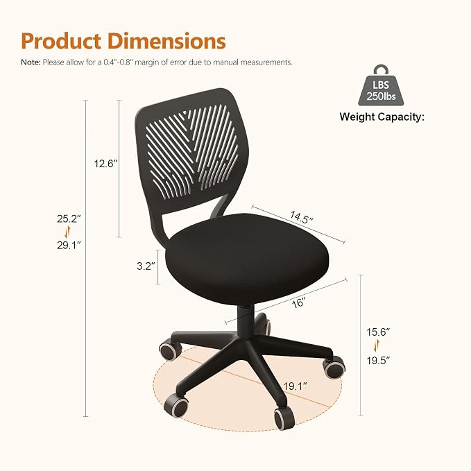 JPBSTO Armless Desk Chair, Height Adjustable Swivel Office Rolling Task Chairs with Soft Mesh Padded Cushion, Ergonomic Small Study Computer Chair for Girls Boys Teens (Black, 2PCS)