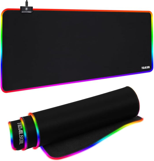 TIDALSOIL RGB Gaming Mouse Pad, 31.5 x 11.8 Inch Oversized Mouse Mat with 12 Light Modes, Non-Slip Rubber Base, Large Keyboard Pad for PC Gaming, Office, Black