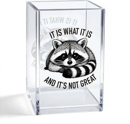 It Is What It Is And It's Not Great Acrylic Organizer Pencil Pen Holder, Funny Raccoon Acrylic Pen Holder, Cute Animal Humor Desk Decor, Desk Organizer Gifts for Coworker Friend Office Worker