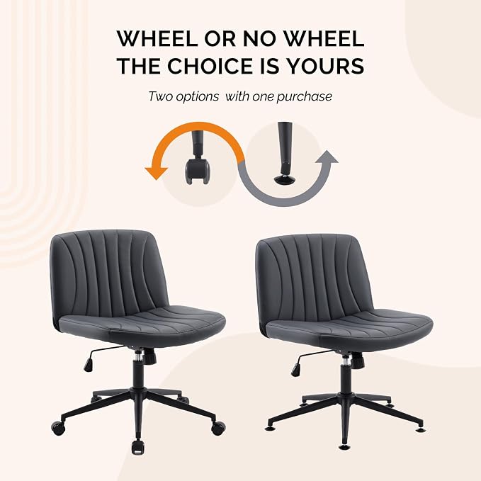 VINGLI Criss Cross Legged Chair,Wide Comfy Office Desk Chair,Dual-Use with/no Wheels Computer Task Chair,Swivel Armless Vanity Rolling Chair for Study,Make Up,Home Office,Cat Scratch PU Leather,Black