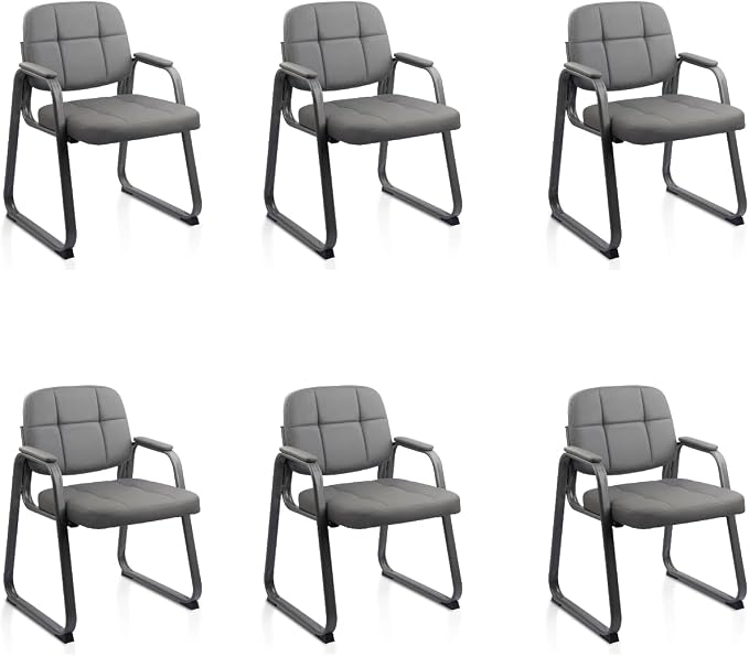 CLATINA Waiting Room Guest Chair with Bonded Leather Padded Arm Rest for Office Reception and Conference Desk Black with Sled Base Grey 6 Pack