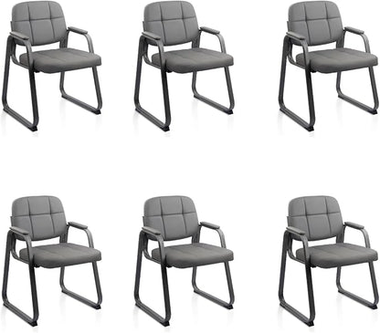 CLATINA Waiting Room Guest Chair with Bonded Leather Padded Arm Rest for Office Reception and Conference Desk Black with Sled Base Grey 6 Pack