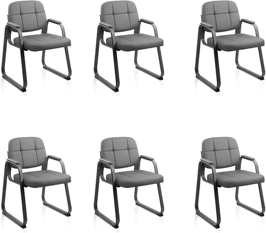 CLATINA Waiting Room Guest Chair with Bonded Leather Padded Arm Rest for Office Reception and Conference Desk Black with Sled Base Grey 6 Pack