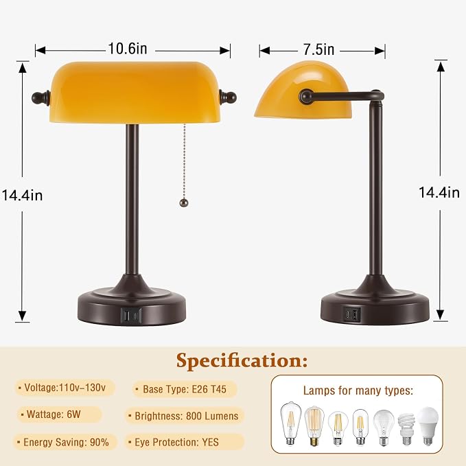 EJIAXIN Vintage Bankers Lamp - Retro Desk Lamp with USB & Type C Charging Ports Traditional Pull Chain Switch Library Table Lamp for Home Office Nightstand Bedroom Side Table Lamp(Amber Glass Shade)
