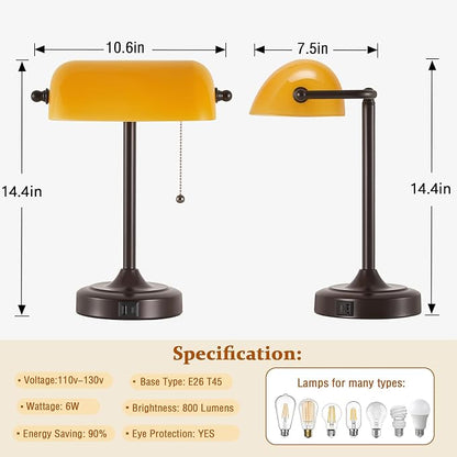 EJIAXIN Vintage Bankers Lamp - Retro Desk Lamp with USB & Type C Charging Ports Traditional Pull Chain Switch Library Table Lamp for Home Office Nightstand Bedroom Side Table Lamp(Amber Glass Shade)