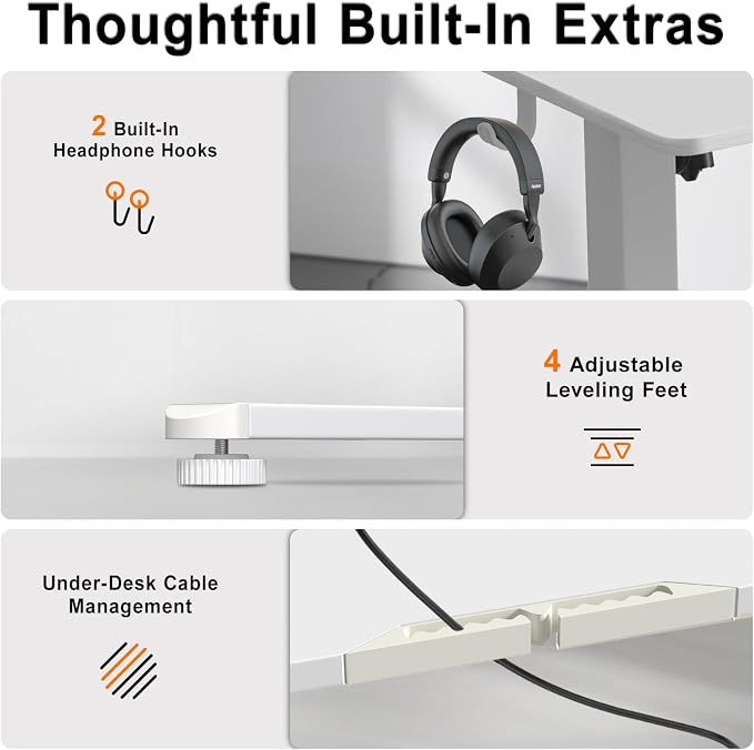 Electric Height Adjustable Desk, 55x24 Inches Standing Desk with 3 Memory Presets & Child Lock, Quiet Motor, Industrial Steel Frame, for Content Creator Desk, White