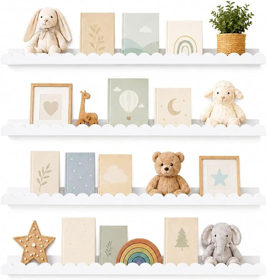 Extra Long White Scalloped Nursery Shelves for Wall, 4-Pack 31.5 Inch Floating Book Shelves for Kids Room, Wall Mounted Bookshelves for Bedroom, Playroom, Book and Decor Display