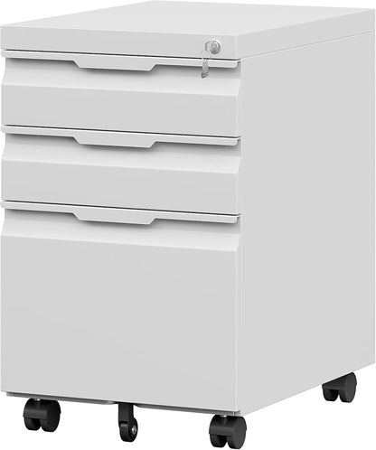 Mobile File Cabinet with Lock,3 Drawer Under Desk Metal Rolling Filing Cabinets for Home Office Organizer A4/Letter/Legal,Easy Assembly,White