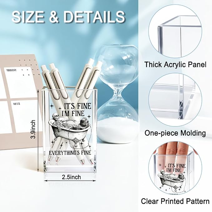 It's Fine I'm Fine Everything Is Acrylic Makeup Brush Pencil Holder Cup, Funny Bathtub Skull Pen Holder Gifts For Friends HR Nurse, Office Gifts for Women Men Coworker, Pencil Cup for Desk
